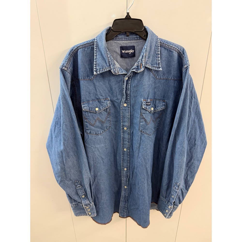 Vintage Wrangler Mens Denim Western Snap Shirt Medium Wash Blue Long Sleeve XL